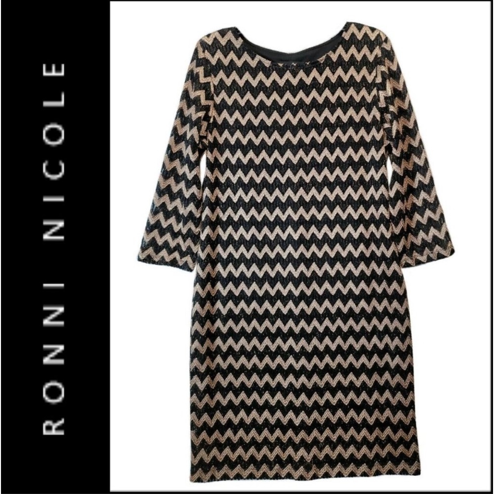 Sexy Black & Gold Chevron Stretchy Dress with Slip